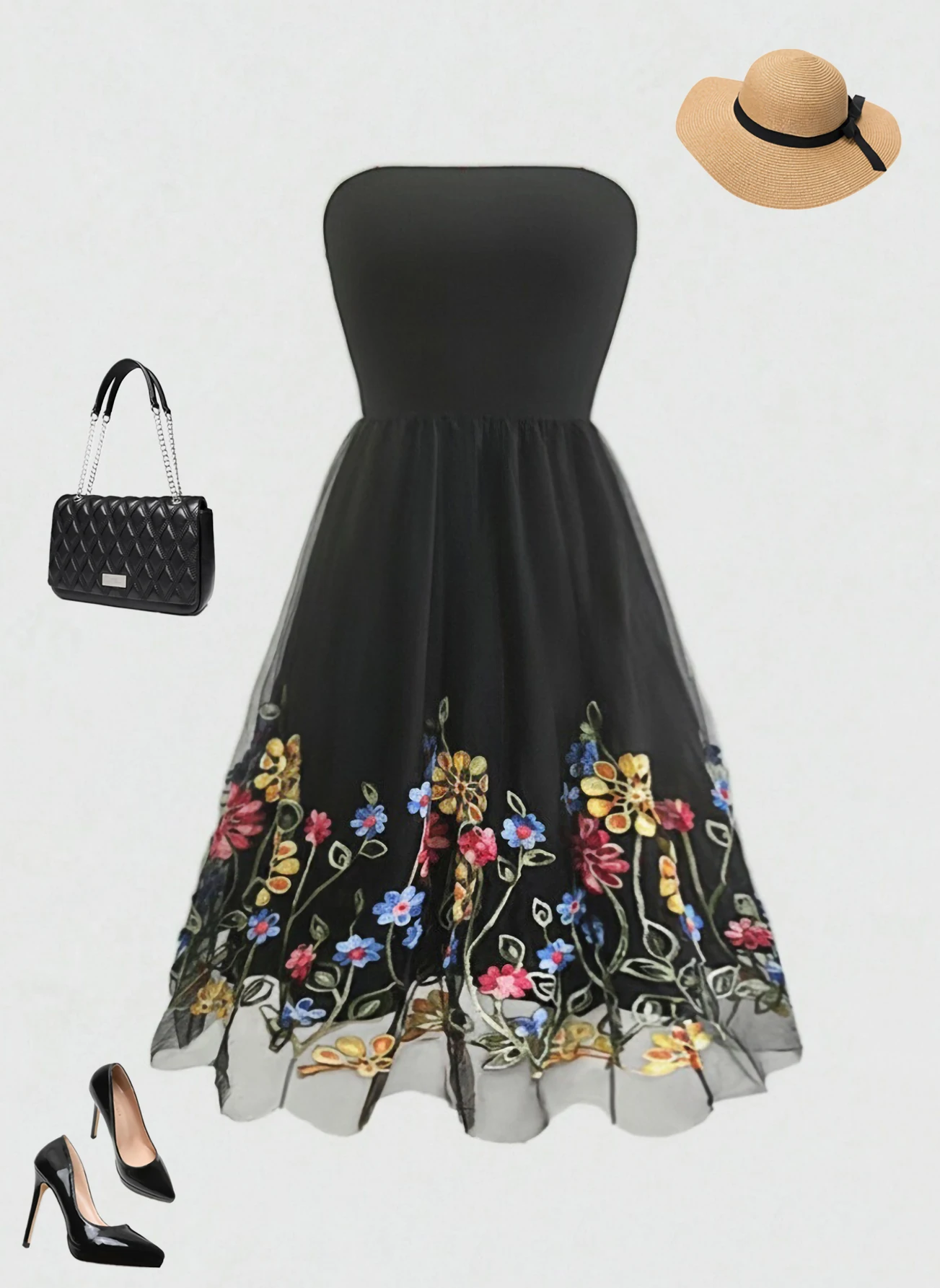 Neues elegantes Sommerkleid für Frauen besticktes Netz Blumen träger los lässig Vintage Party ärmelloses knielanges weibliches Kleid