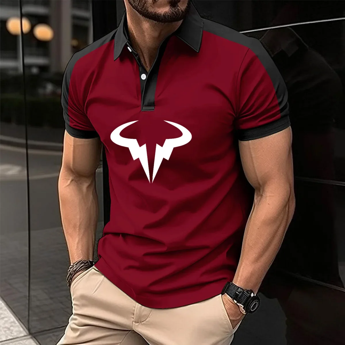 Description Picture 4 of itemSummer 50% Cotton Shirt Rafael Nadal print New Men's Breathable Short Sleeved Polo Shirt Casual Contrast Color men's golf shirt