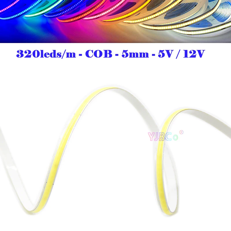 5V/12V 5M single color COB LED Strip 320LEDs/m White/Warm white/Natural White/Blue/Red/Green Flexible Light Tape Narrow 5mm PCB