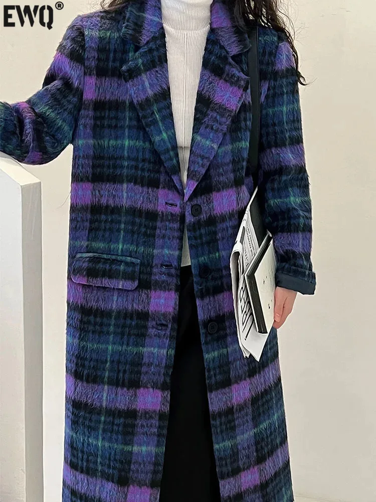

[EWQ] Long Sleeve Single Breasted Contrast Color Lapel Plaid Medium Length Knee Women's Woolen Coat 2023 Autumn Winter 16U5981