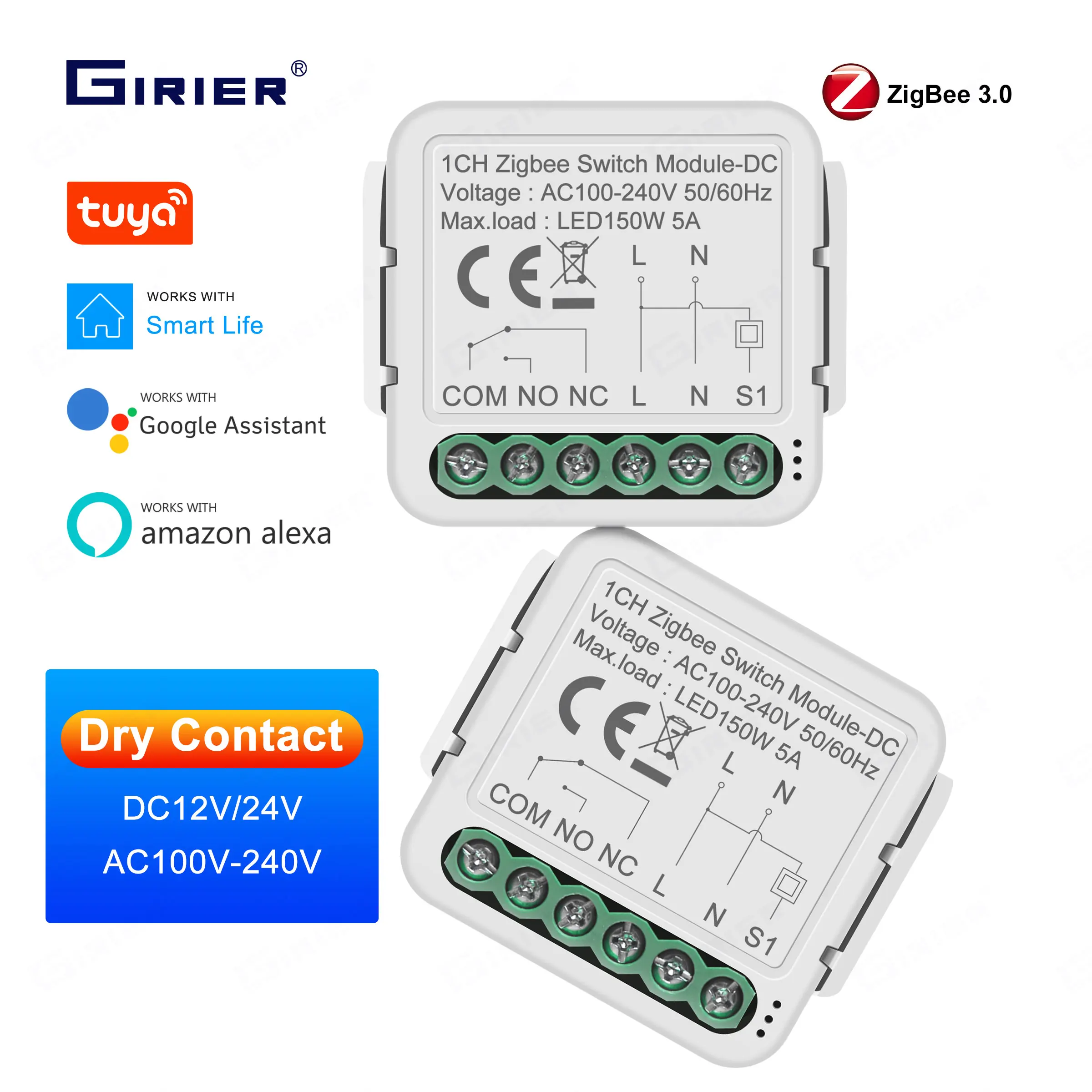 GIRIER Smart ZigBee Switch Module Dry Contact 5A Smart Home DIY Breaker Relay DC 12/24V AC 100-240V Works with Alexa Hey Google smart switch smart light switch