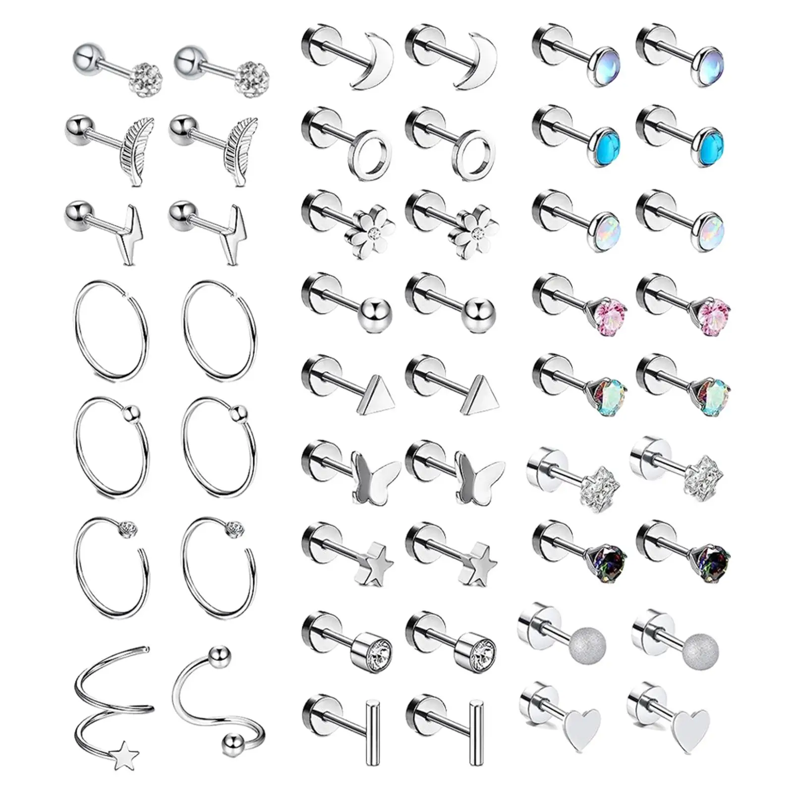 25 Pairs Stainless Steel Stud Earrings Set for Women Men Moon Star Flower Leaf Heart Cartilage Earrings Piercing Jewelry