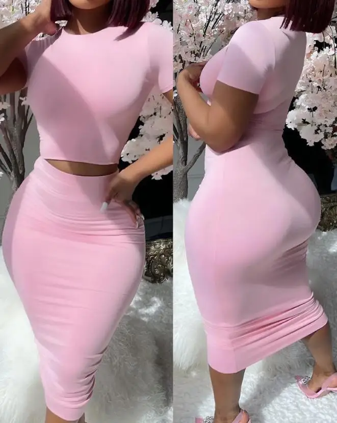 Two Piece Set Women Outfit 2024 Summer Pink Short Sleeve Round Neck Crop Top & High Waist Casual Skinny Daily Midi Skirt Set