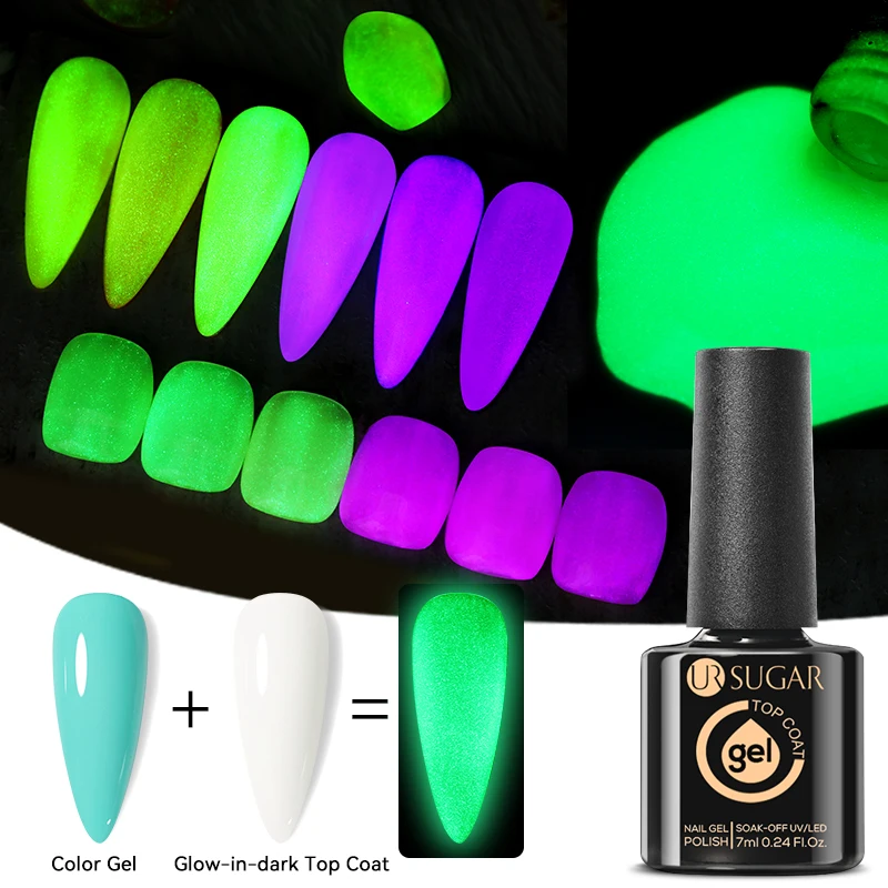 UR SUGAR 야광 탑 베이스 젤, 녹색 보라색 형광 네일 광택제, 반영구 흡수 UV LED 젤 네일 아트, 7ml