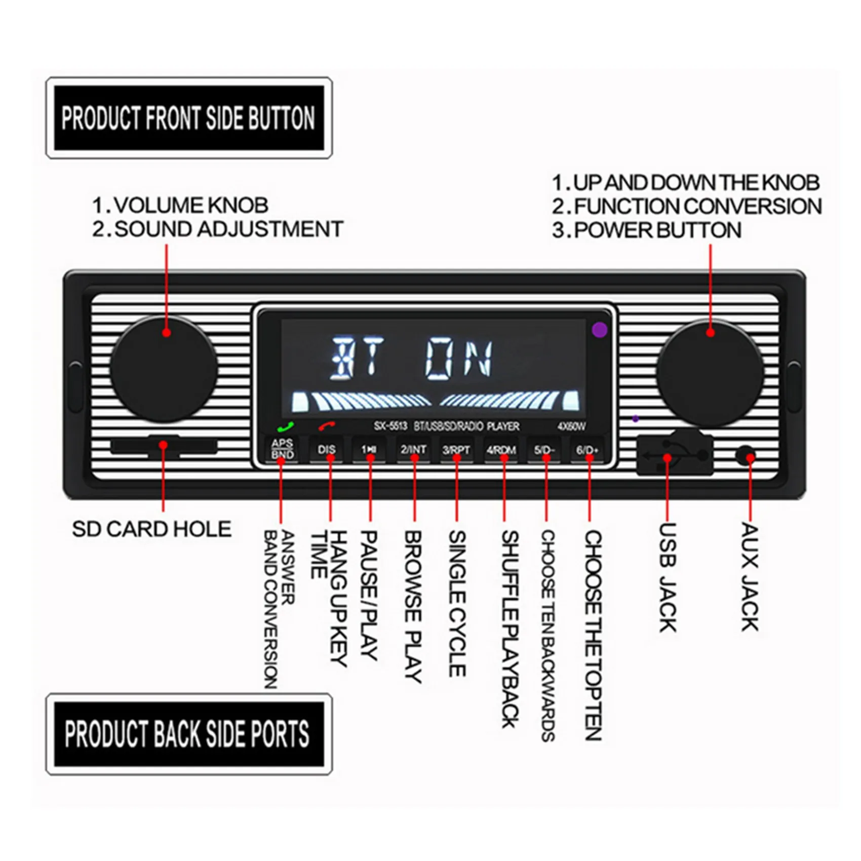 1 DIN Retro Car Stereo Audio Automotive Bluetooth with USB USB/SD/AUX Card FM MP3 Player PC Type:ISO-5513
