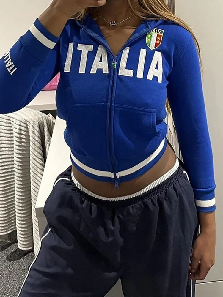 

Y2K Aesthetic Vintage Slim Sweatshirts Letter Embroidery Graphic Pattern Zip Up Hoodies 2000s Retro Grunge Mall Goth Jacket Coat