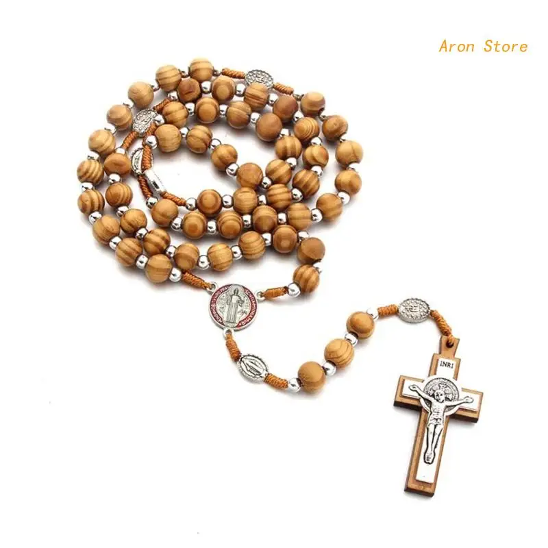 Handmade Wooden Rosary Necklace 10mm Round Beads Christ Jesus Pendant Chain Necklaces Religious Jewelry for Men catholic rosary necklace