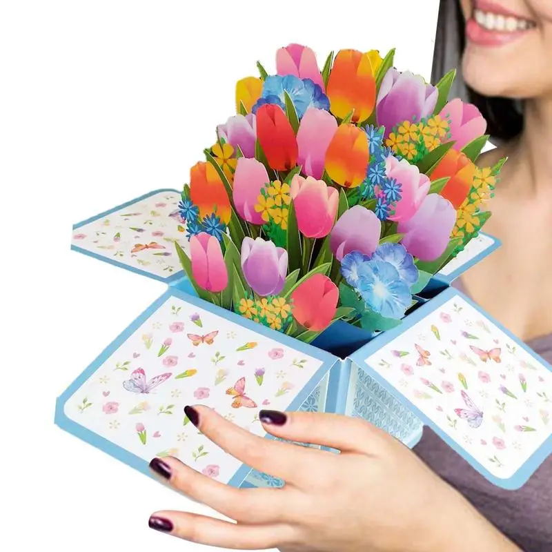 

3D Up Card Tulip Note Cards Birthday -Up Card Creative Bouquet Paper Carving Art Half-fold Card For Thanksgiving Wedding
