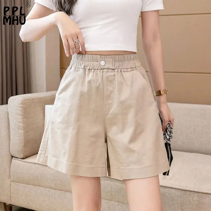 

Casual Khaki Wide Leg Shorts Women Basic Elastic High Waist Summer Pantalones Cortos 2023 Cotton Solid Color Baggy Short Pants