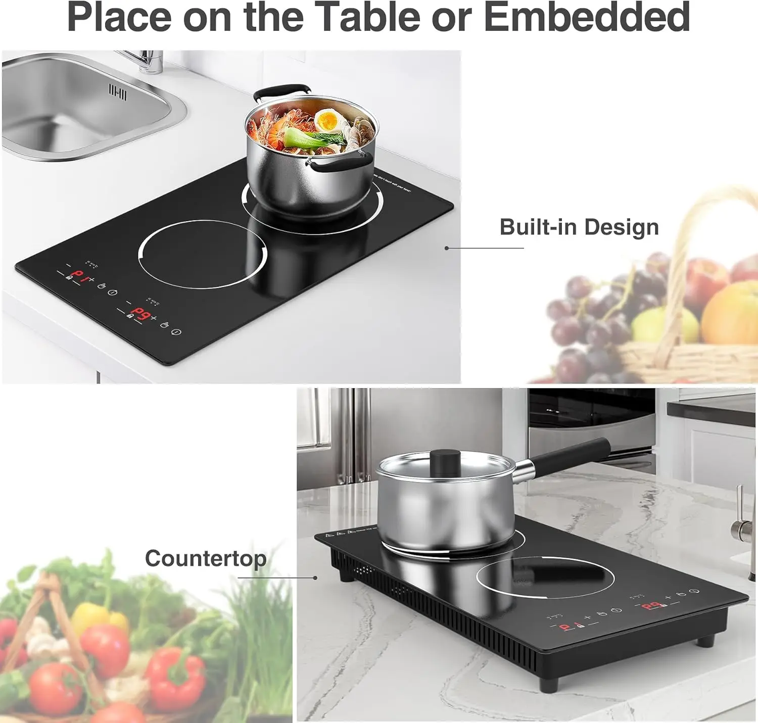 Double Induction Cooktop,110V 2 Burner Induction Cooktop,2300W Electric Stove Top with Independent Control, Ultrathin Body
