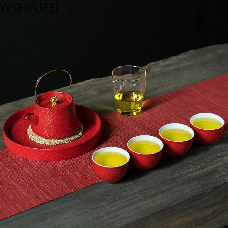 WSHYUFEI Red Teapot Ceramics tea set China wedding Tea Sets Tea Cups Pot Porcelain Wedding banquet Beautiful Kettle Gifts