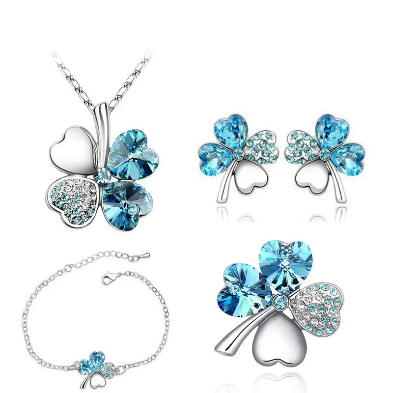 Bridal Jewelry Sets Crystal Clover 4 Leaf Heart Necklace Earrings Bracelet Brooch Charm