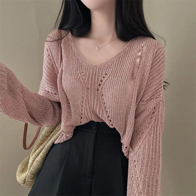 Summer and Autumn Women's New Knitted Hollow Long Sleeve Sweater Fashion Crew Neck Solid Color Elegant Pullover