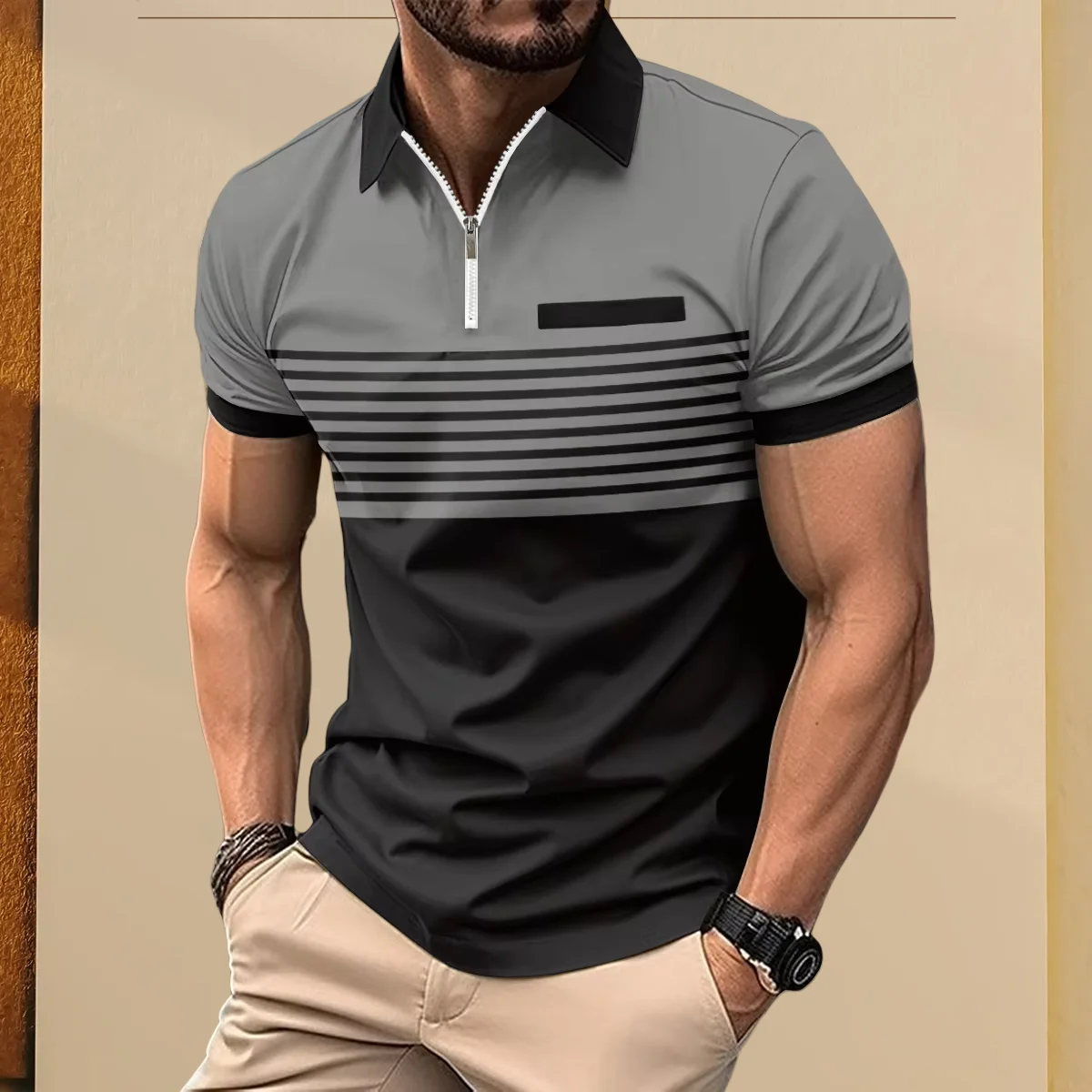 2025 Men's Summer short-sleeved POLO Shirt With Zipper Striped Print, False Pocket Decoration, Casual Business Lapel 10