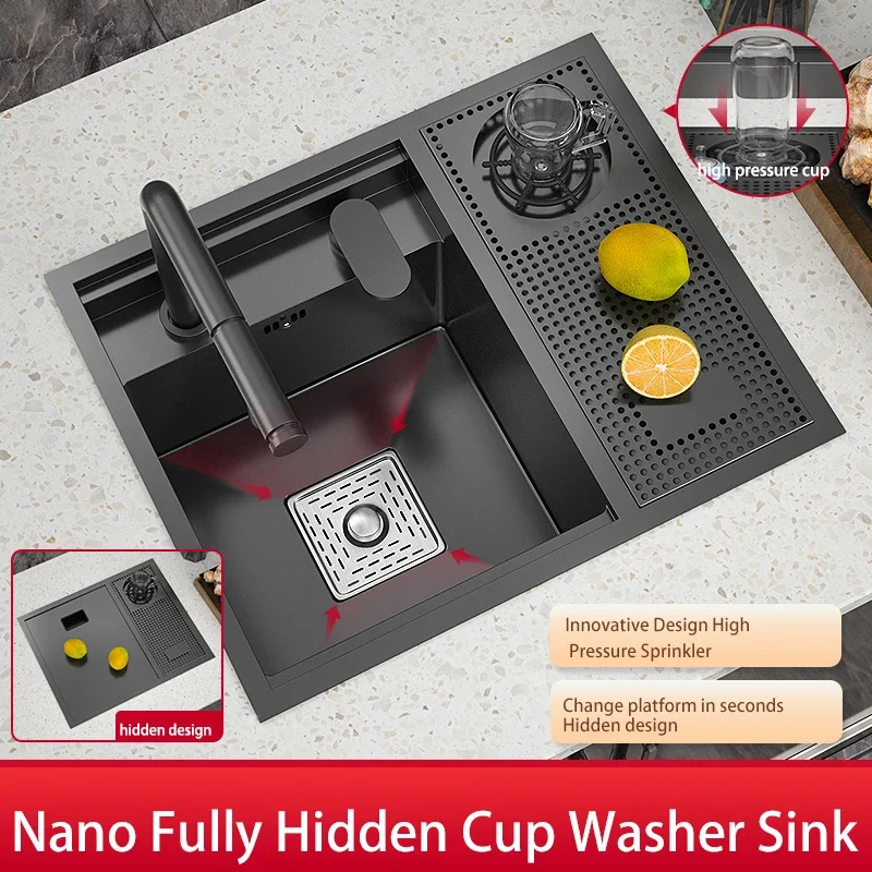 

Hidden Cup Washer Nano 304 Stainless Steel Kitchen Sink Invisible Folding Faucet Small Single Bowl Wash Basin Dishwashing Pool