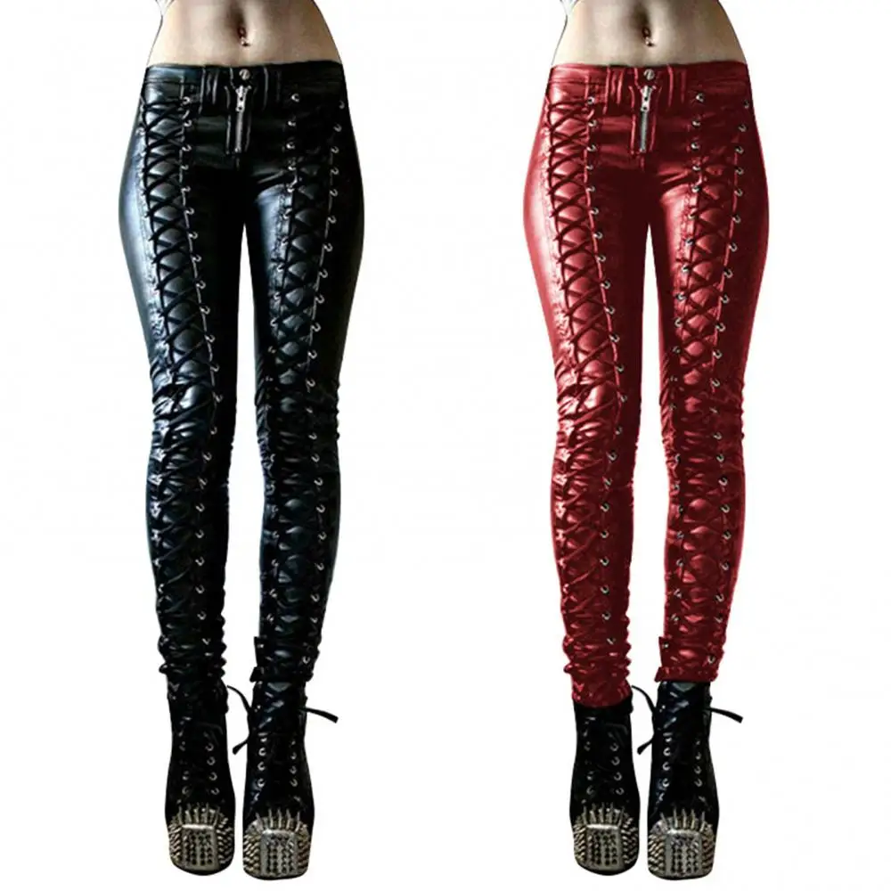 Button Women Trousers Skinny Faux Leather Pants Steampunk Cosplay Carnival Party Trousers