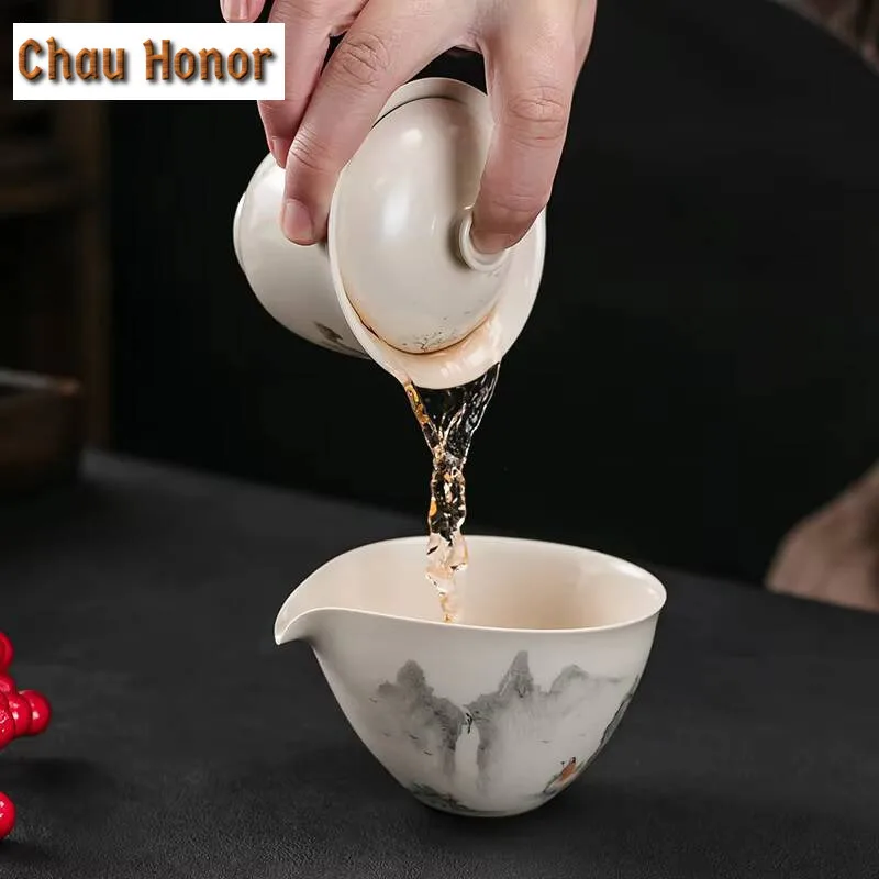 Pure Handmade Calligraphy Gaiwan Retro Grass Wood Ash Landscape Tea Tureen Household Tea Brewing Cover Bowl Teaware Ornaments