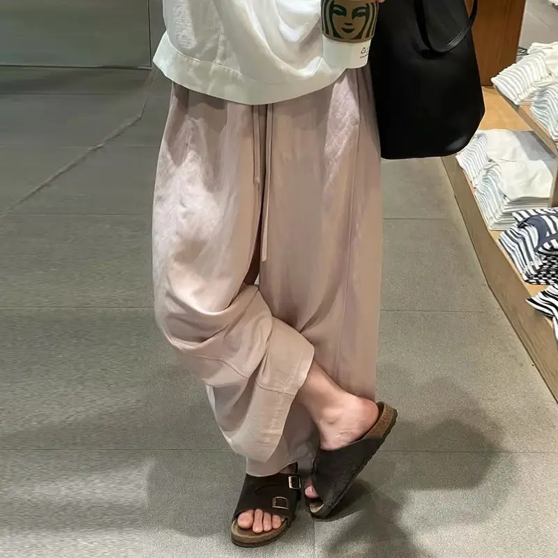 여름 출산용 경량 바지 드로스트링 허리 긴 루즈핏 캐주얼 임산부 와이드 레그 팬츠 베이지 핑크