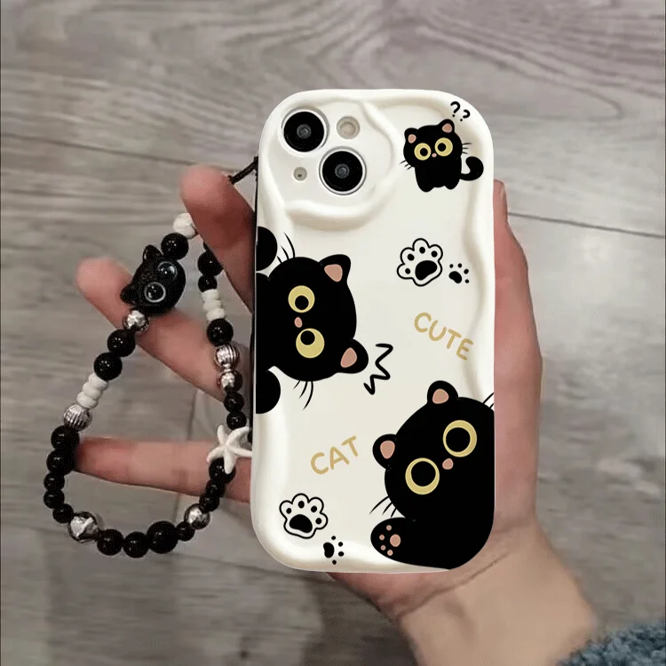 Elegant Black Cat Pearl Chain Phone Case