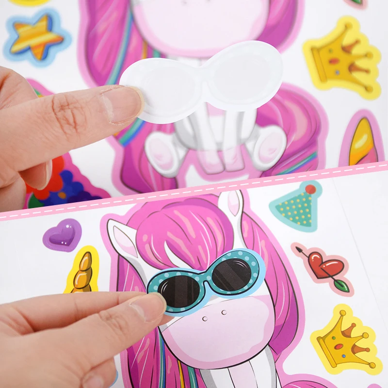 6/12Sheets Cartoon Unicorn Make A Face Assemble DIY Sticker Girls Unicorn Birthday Party Decoration Supplies Gifts for guests
