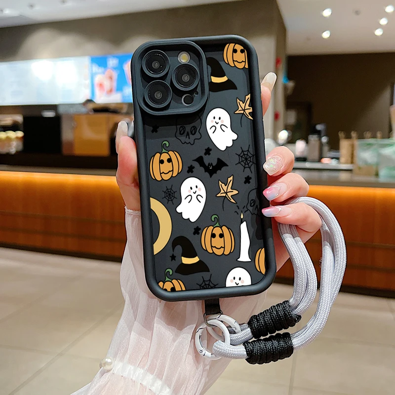 Halloween Pumpkin Ghost Design Soft Lanyard Rope Silicone Phone Case