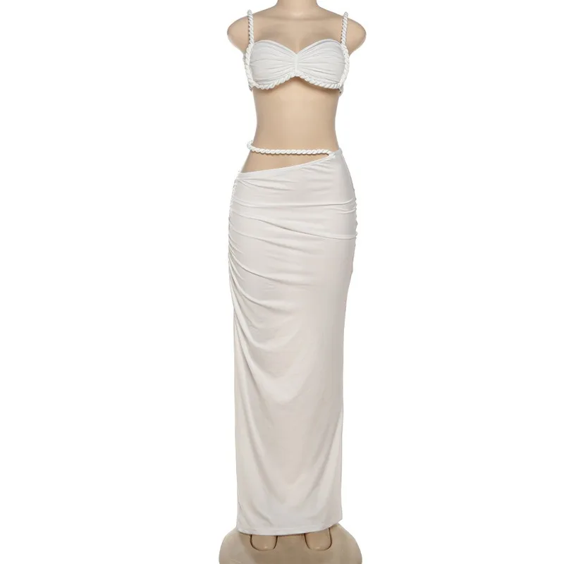 Women's Clothing Sexy Solid Color Backless Small Tank Top Hip Wrap Skirt 2 Piece Set Pleated Maxi Dress Party Suits