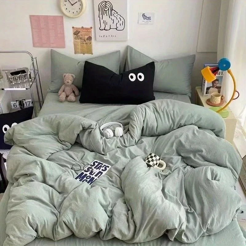 

Cute Duvet Cover Set with Sheet Pillowcase No Filler Warm Solid Color Bed Linen Full Queen Size Korean Big Eyes Home Bedding Set