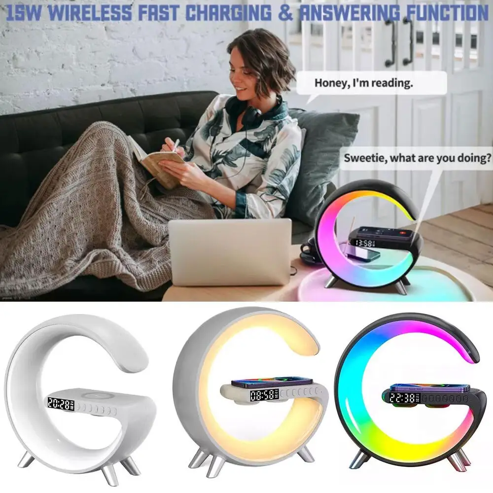 

Multifunctional Alarm Clock Wireless Charger Speakers LED Atmosphere Light Desk Lamp bluetooth Night Light Charging Station