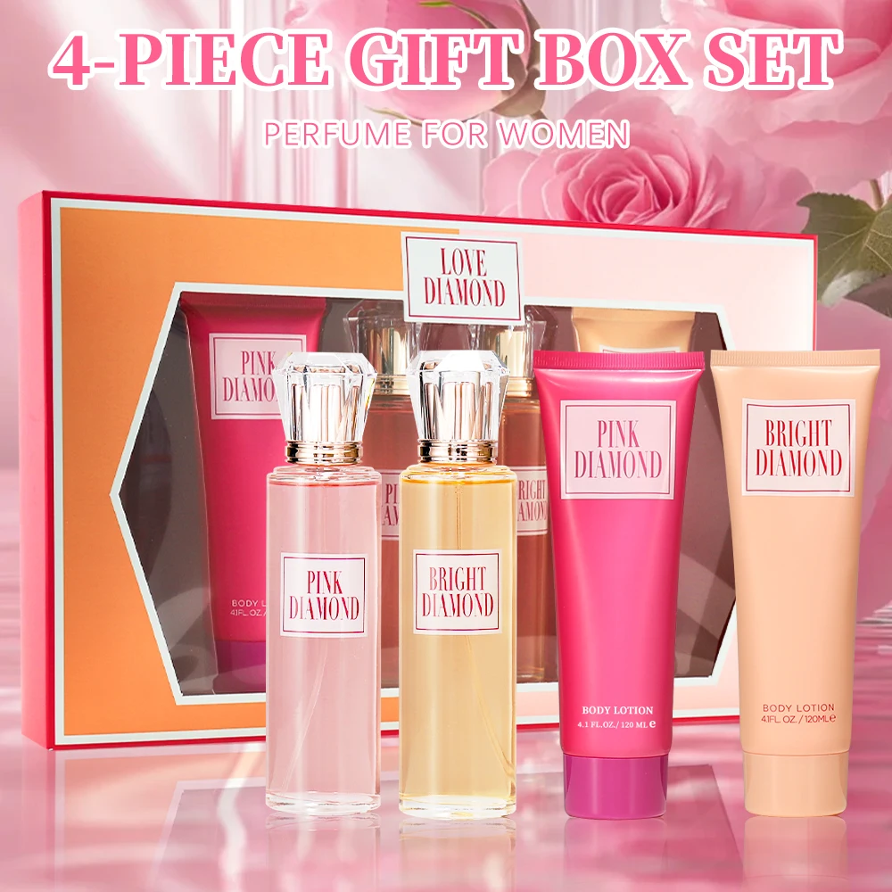 thumbnail image 1 of Conjuntos de fragancias para mujer: 2 piezas de Eau de Parfum Spray de 3,4 fl.oz y 2 piezas de Crema corporal de 4,1 fl.oz PINK DIAMOND 4 piezas de regalo para mujeres EDP, 1 of 5