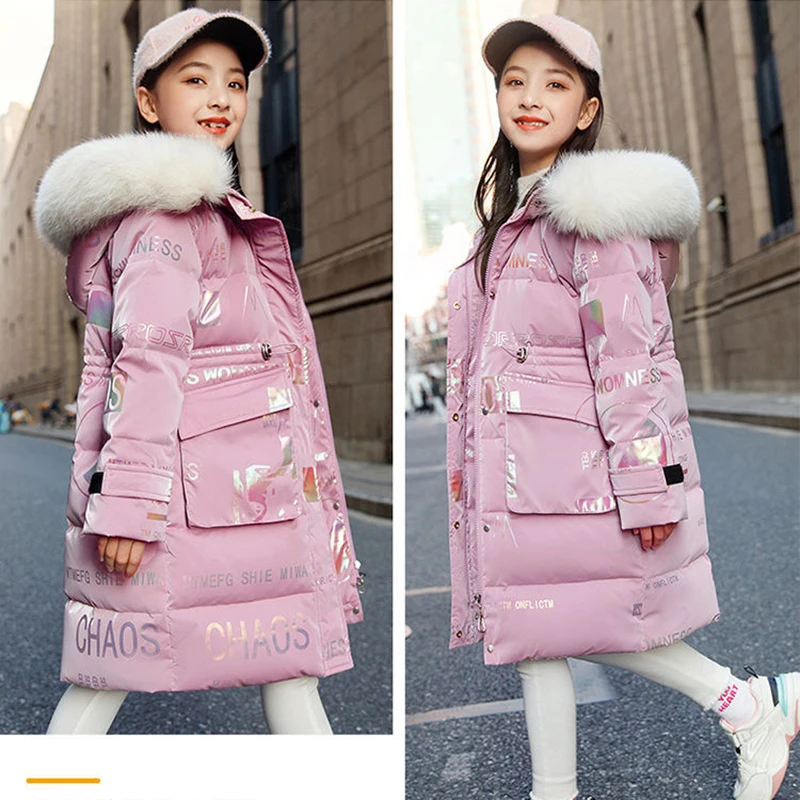 Down Jacket 5 6 8 10 12 14 Years Girls Down Jacket Winter Warm Long Style Parka Hooded Zipper Fur Collar Outerwear