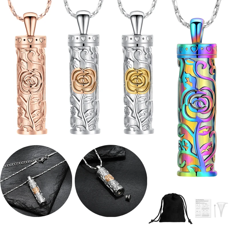 Rose Cylinder Small Urn Pendant Cremation Necklace For Human/Pet Ashes Women's Present Stainless Steel Memorial Ashes Jewelry