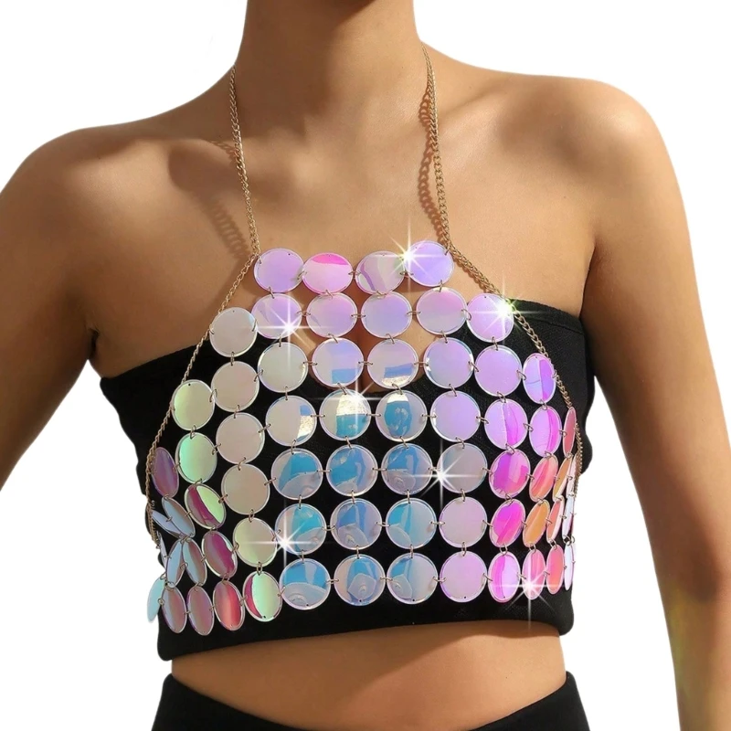 

Women Acrylic Sequins Chest Chain Halterneck Crop Top Hollow Out Body Jewelry Backless Camisole Festival Party Outfit
