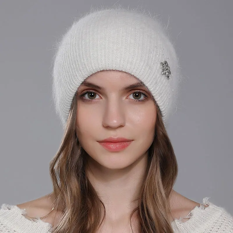 CNTANG Hat For Women Winter Warm Fashion With Diamond Flower Beanies Knitted Angora Long Rabbit Fur Hats Double Layer Ladies Cap 4