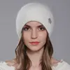 CNTANG Hat For Women Winter Warm Fashion With Diamond Flower Beanies Knitted Angora Long Rabbit Fur Hats Double Layer Ladies Cap 4