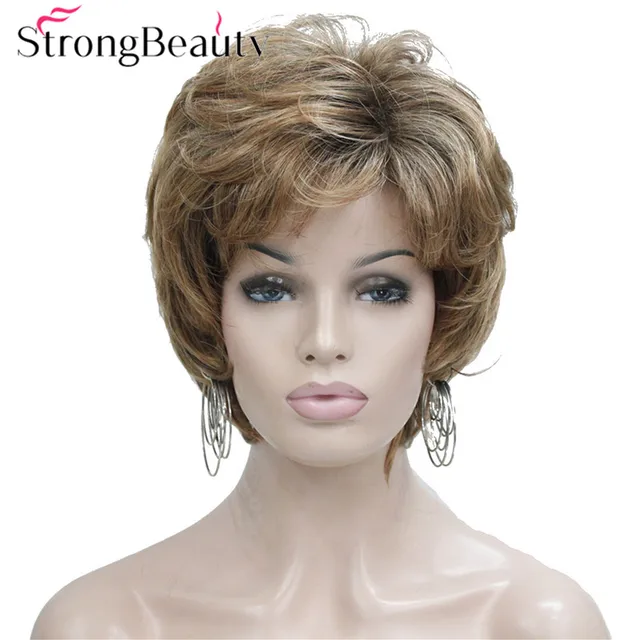 Strong Beauty Synthetic Short Body Wavy Wigs With Bangs For African American Middle Age Women Natural Wig