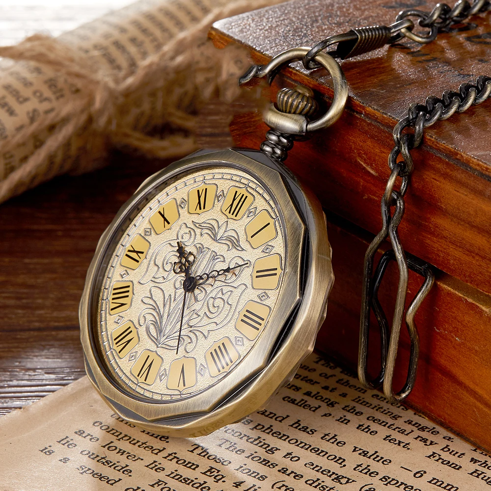 Classic Bronze Mechanical Pocket Watch Mens Ladies Roman Numeral Dial Skeleton Pattern Watches Male Fashion Clock Reloj Hombre