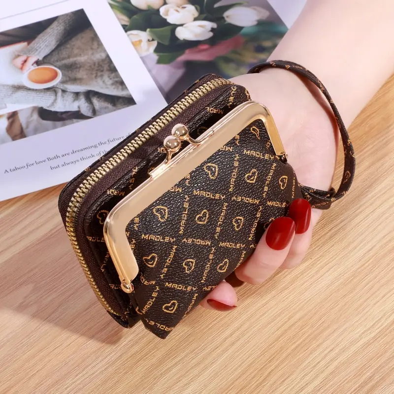 Women Wallet Wrist Strap Short Zero Wallet Large Capacity Coin Clip Bag Letter Multi Card Card Bag Money Clip