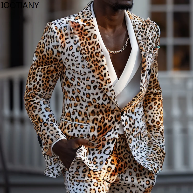 Men Suit Two-piece Blazer With Pants Leopard 3D Printed For Party