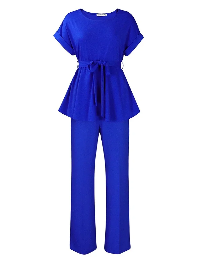 Wmstar Two Piece Set Women S-3XL Summer Solid Short Sleeve Top  Wide Leg Pants Tracksuits Wholesale Drop Shipping with Bandage