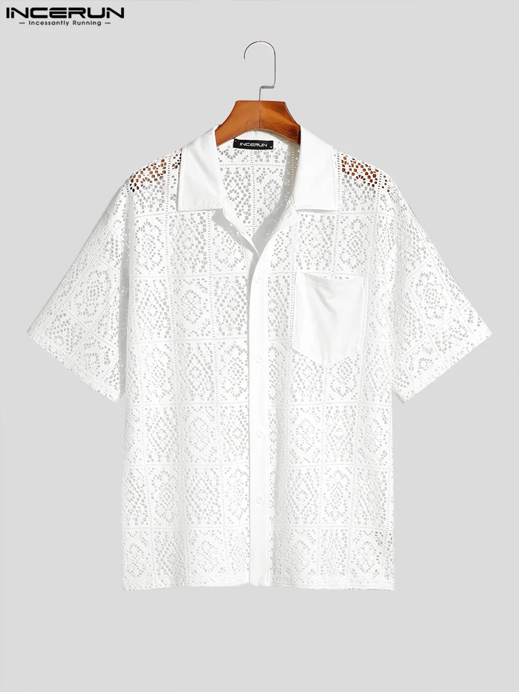 Fashion Casual Style New Men's Tops INCERUN Hollow Lace Pane Flower Printed Blouse Male Knitted Short-sleeved Shirts S-5XL 2023 3