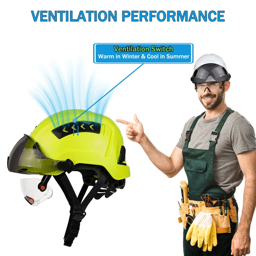 CE Safety Helmet Double Goggles Sliding Vented ABS Hard Hat Construction Site Work Cap for Industrial Engineering Protective - 6