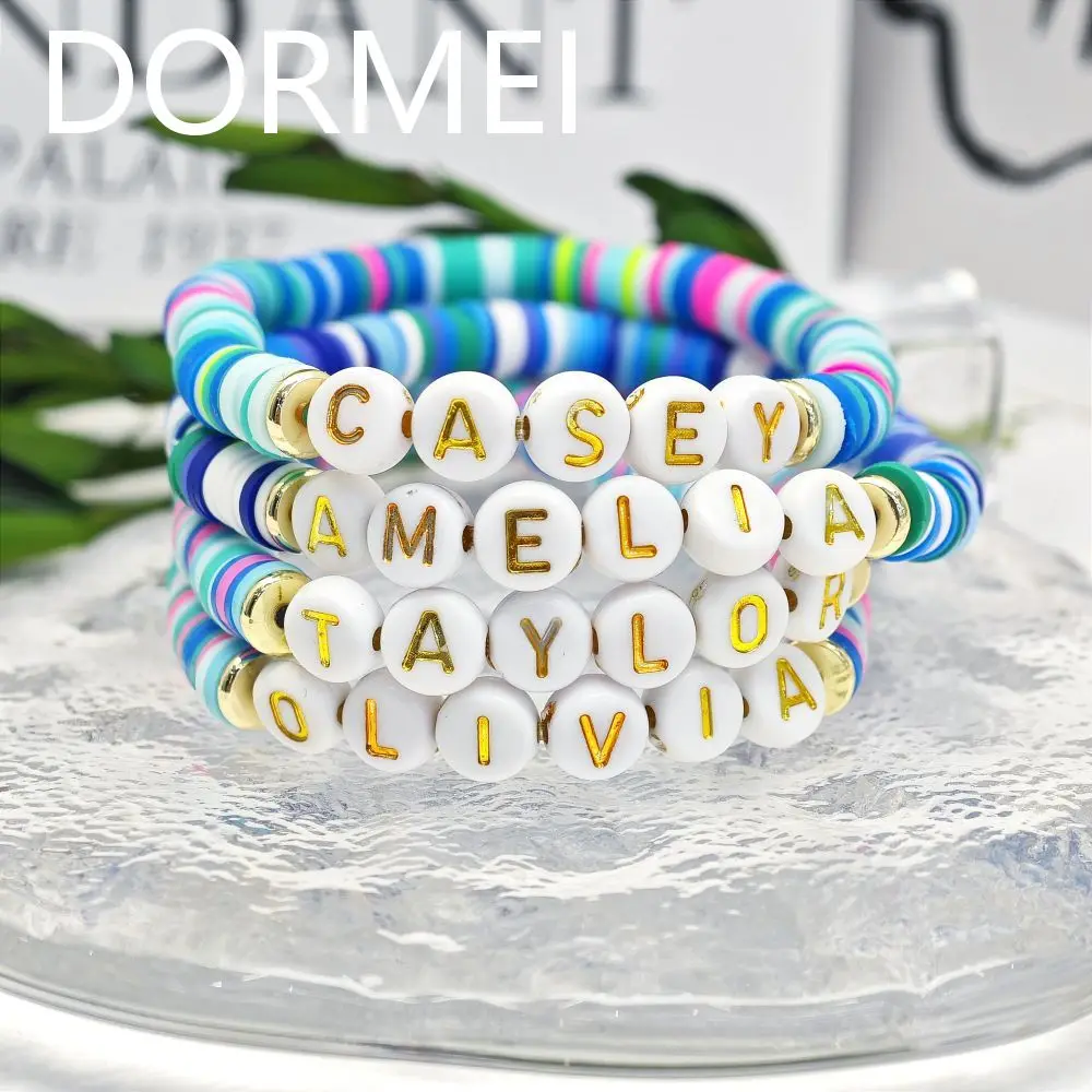 DOREMI Boho Custom Polymer Clay Beads Motivational Bracelets Handmade Polymer Name Words Stretch Bracelet for Women Jewelry 8pcs hanger shape acrylic earring display stand polymer clay soft pottery earrings holders jewelry display organizers shopwindow