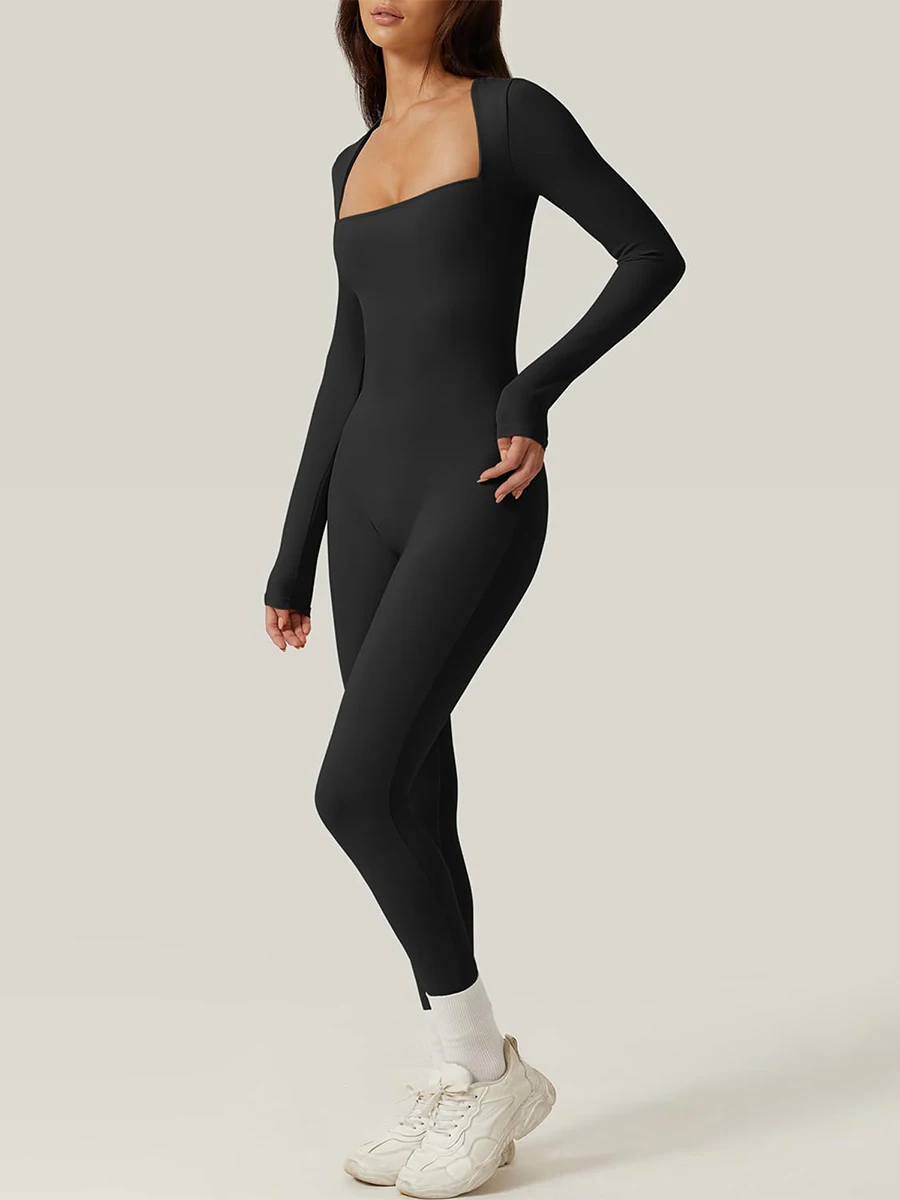 

Women Sexy Low Cut Jumpsuits Rompers Long Sleeve Square Neck Unitard Bodycon Exercise Jumpsuit Yoga Workout Sportwear