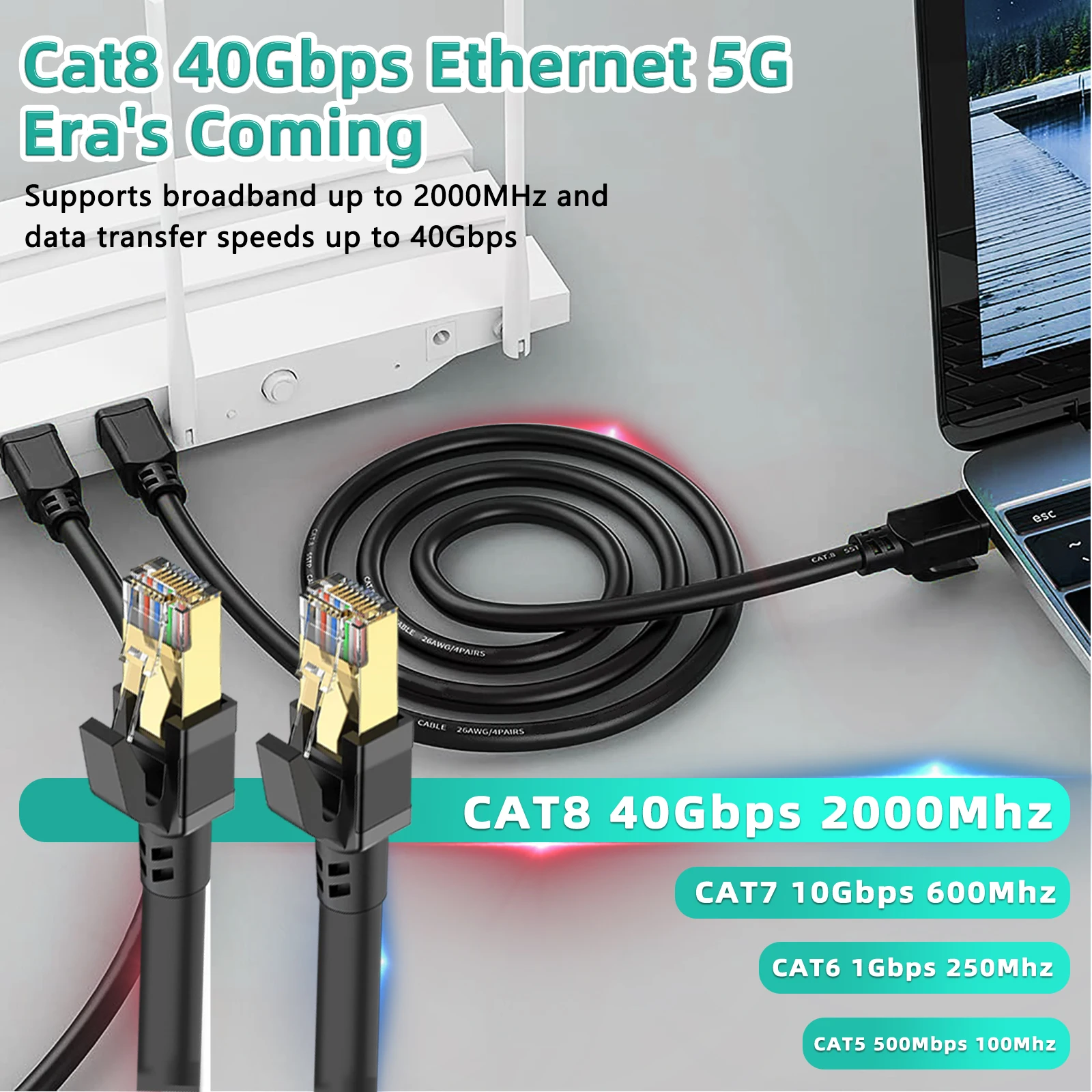Heavy Duty High-Speed Cat8 Ethernet Cable with Gold Plated Connectors - Weatherproof & UV Resistant