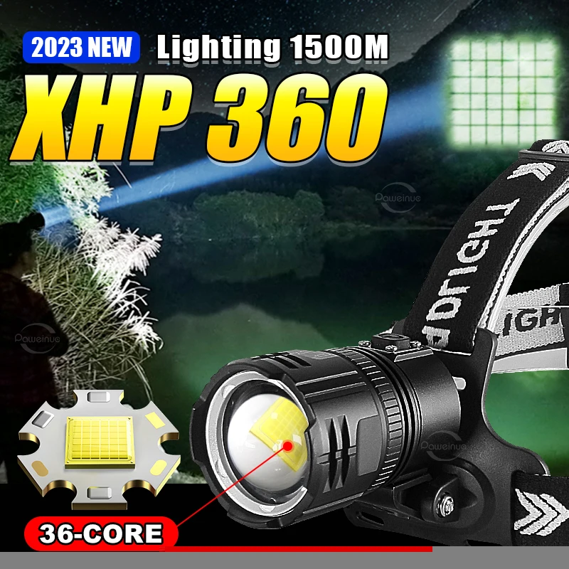 

2023 NEW XHP360 Powerful LED Headlamp Head Flashlight Camping Torch Rechargeable High Power Headlight Fishing Head Lamp Light