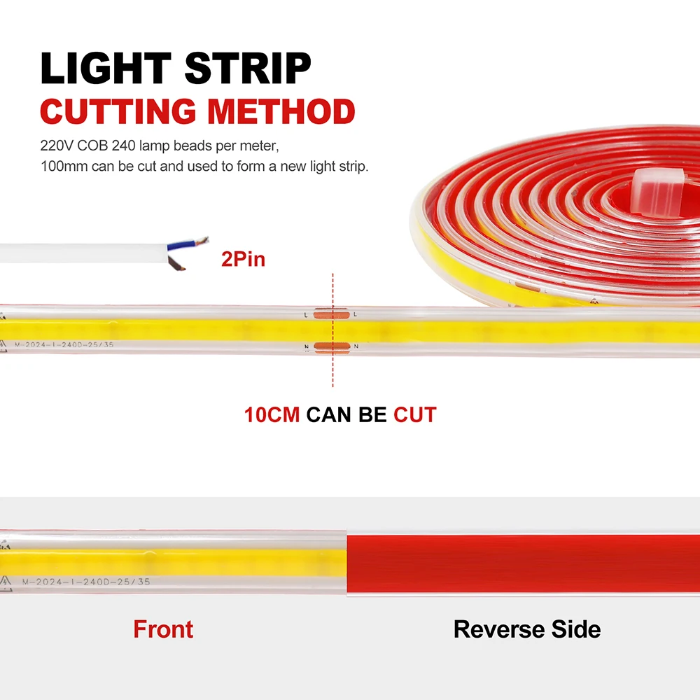 220V COB LED Strip Light 240LEDs/M IP67 Waterproof Driver Build In 10cm Can Be Cut Flexible Adhesive Tape RA90 Linear Lighting 4