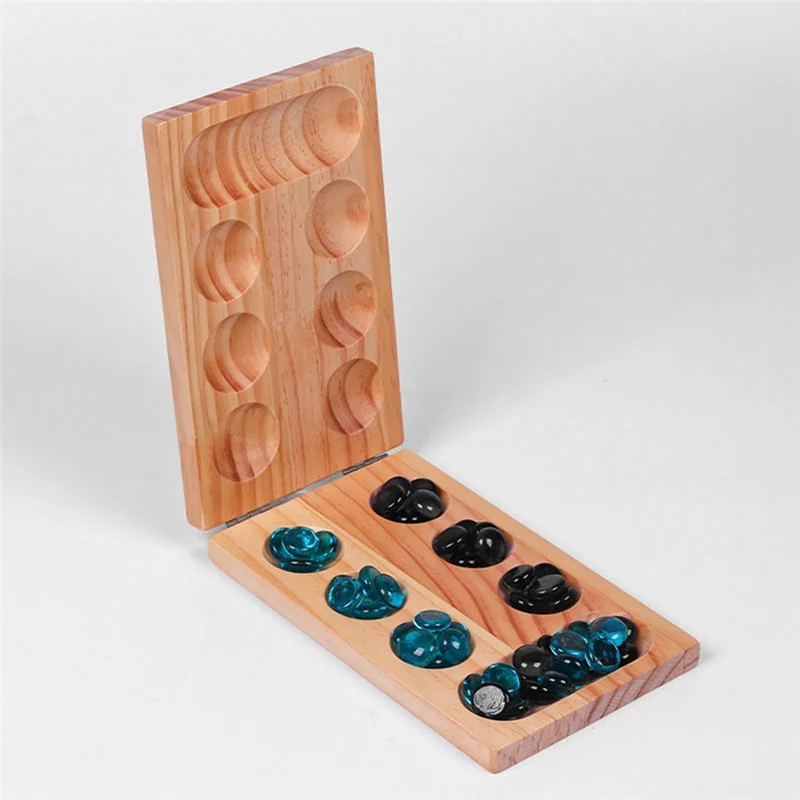 B78B-Gioco da tavolo Mancala in legno pieghevole per età superiore ai 7 anni Gioco di strategia classico con perline multicolori per famiglia, feste e viaggi - immagine 5