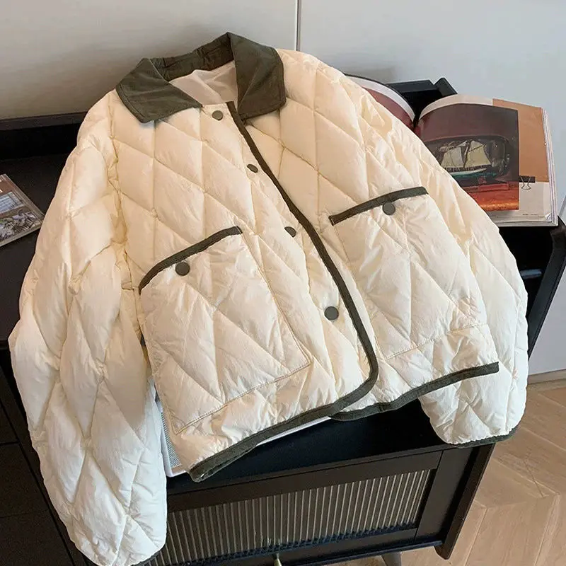 Small Fragrant Wind Diamond Check Lapel Cotton-Padded Cloths Autumn Winter Fashion Loose Short Lightweight Laminated Cotton Coat