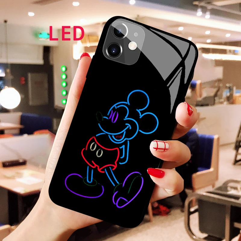 Mickey and Minne  Luminous Tempered Glass phone case For Apple iphone 12 11 Pro Max XS mini Kawaii Protect LED Backlight cover luazon для телефона iphone 12 mini пластиковый тонкий прозрачный белый