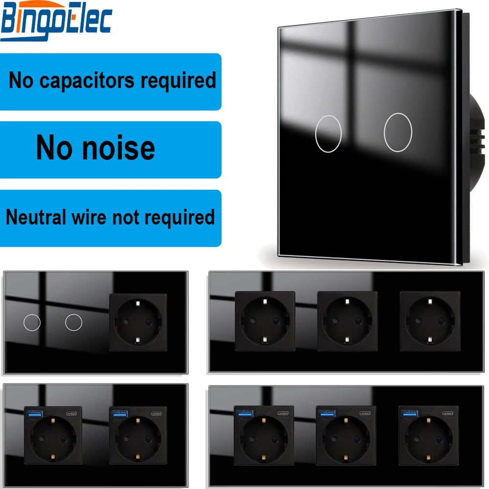 

Bingoelec Touch Light Switches with EU Wall Sockets USB Type-c Power Outlets 1/2/3Gang 1Way Wall Switch and Electrical Sockets
